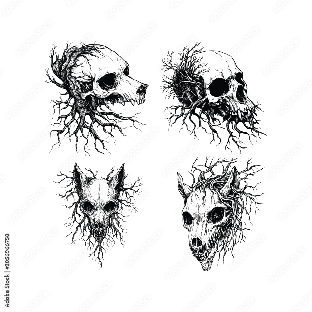 Fototapeta premium Hand-drawn vintage engraving-style vector illustration showing a set of four unique animal and human skulls, intricately merged with twisting, detailed tree branches and root structures