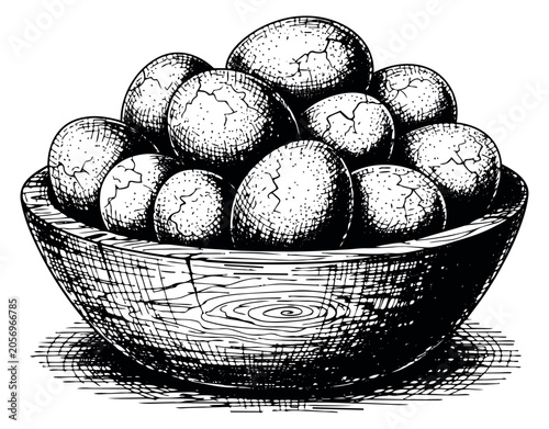 Hand drawn line art illustration of a wooden bowl of eggs depicting fresh produce for culinary concepts