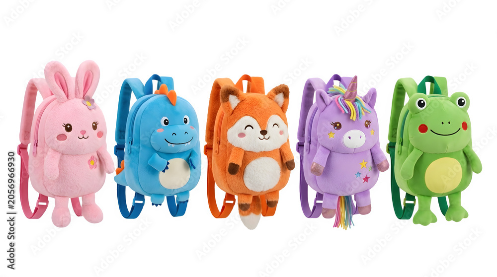 Naklejka premium Set of cute plush animal backpacks for children isolated on transparent background