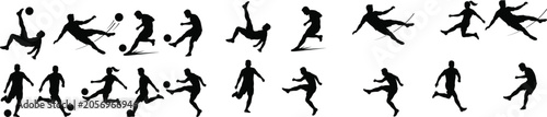 Foto Soccer player silhouettes vector collection featuring football athletes running kicking tackling heading and shooting balls during a competitive sports championship match