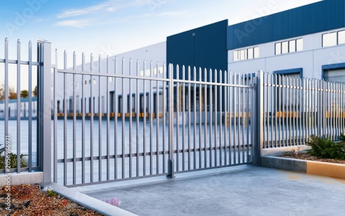 Modern Industrial Property Exterior Featuring Metal Perimeter Fence and Spacious Paved Area with Clear Sky