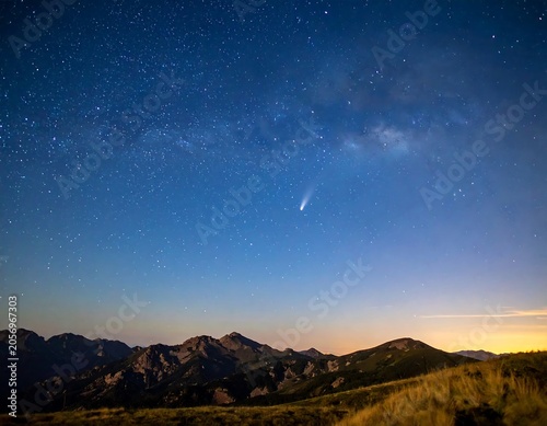 A breathtaking night sky over a mountain range with stars and a comet