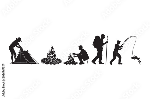 Evolution Of Man Silhouette With Camping And Fishing Black And White
