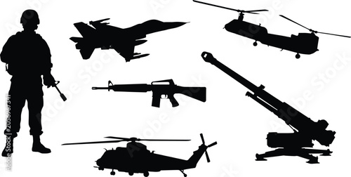 Schilderij op canvas Military Silhouette Set with Soldier Fighter Jet Helicopters Artillery Cannon an