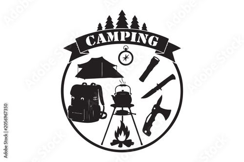 Camping Gear Silhouette With Mountain Backdrop Black On White Background