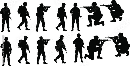 Canvastavla Military Soldier Silhouette Collection Set with Standing Walking Aiming Kneeling