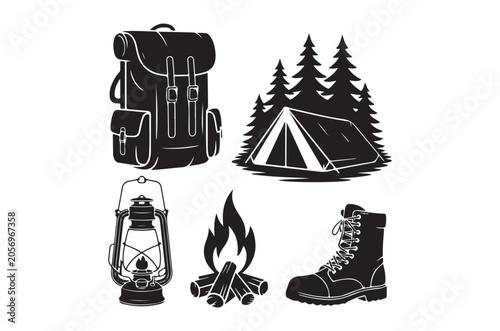 Camping Gear Silhouettes On White Background Outdoor Adventure Collection