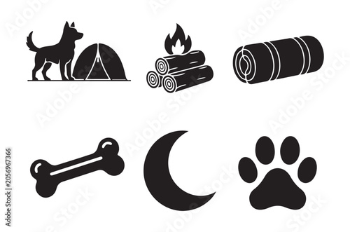 Camping Silhouette Icons Dog Tent Firewood Logs Bone Moon Pawprint