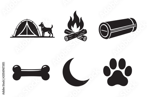 Camping And Pet Silhouettes Black Flat Icons On White Background