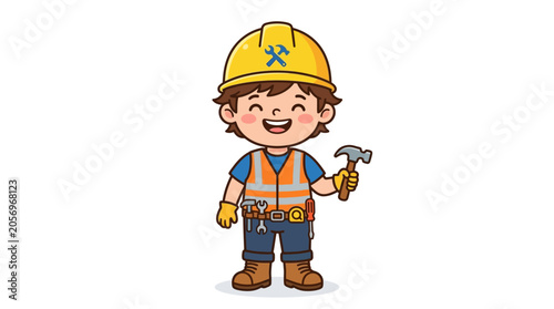 Cartoon construction worker with hammer.