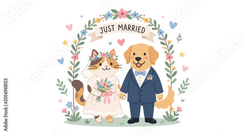 Quadro em tela Cartoon dog in wedding attire standing.