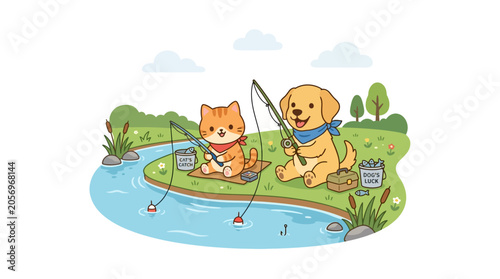Cat and dog fishing together outdoors.