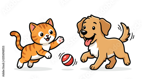 Cat and dog playing with ball.