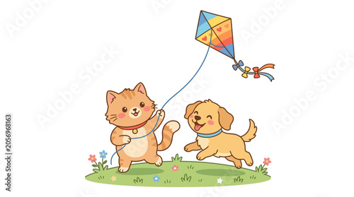 Εκτύπωση καμβά cat and dog playing with kite.