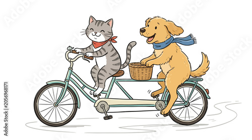Quadro su tela Cat and dog riding bicycle together.