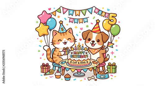 Cat and dog wearing party hats.