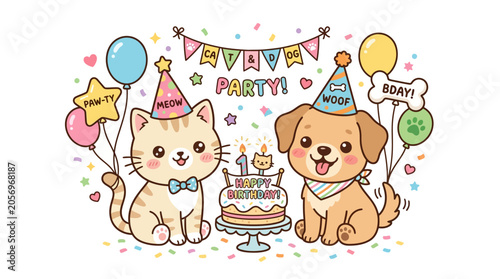 cat and dog wearing party hats.