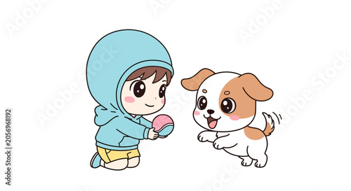 Child and dog playing together outside.