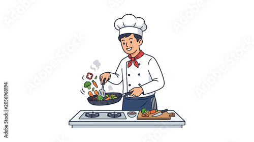 Chef cooking in kitchen with food.