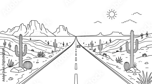 Desert road with railroad tracks.