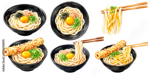 Bild auf Leinwand 釜玉うどんのイラストセット,水彩風の讃岐うどんとちくわ天トッピング,お箸の箸上げと卵黄絡み麺素材集,手描きベクター,和食麺類