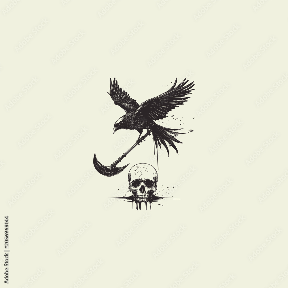 Obraz premium Hand-drawn vector illustration of a black raven flying and holding a grim reaper scythe above a human skull, isolated on a white background