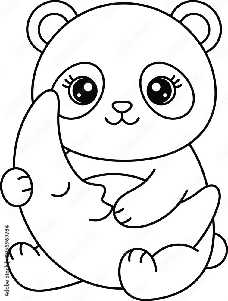Fototapeta premium Adorable baby panda hugging a crescent moon line art illustration for children's coloring book and nursery decor