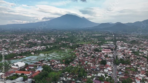 Aerial View of Mount Gede Rising Above Cianjur City in West Java Indonesia