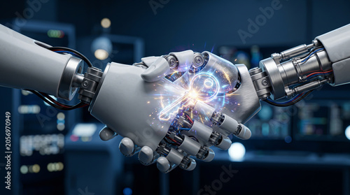 Close-up of two robotic hands shaking hands with a glowing digital key icon between them in a high-tech data center environment