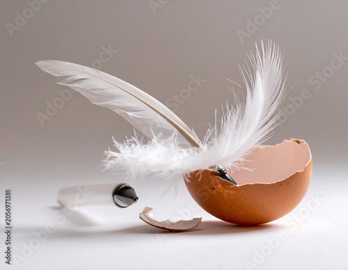 A broken brown eggshell with white feathers protruding from it