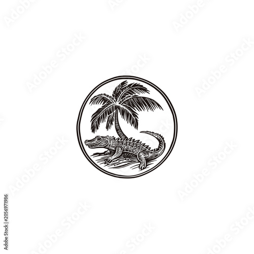 Vintage hand-drawn illustration of a crocodile head and a palm tree inside a circle frame