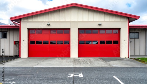 A building with two large red garage doors and a concrete driveway