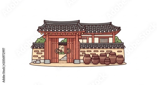 Architecture - Traditional Korean Hanok Gate with Ceramic Jars and Tiled Roof Illustration Flat Design