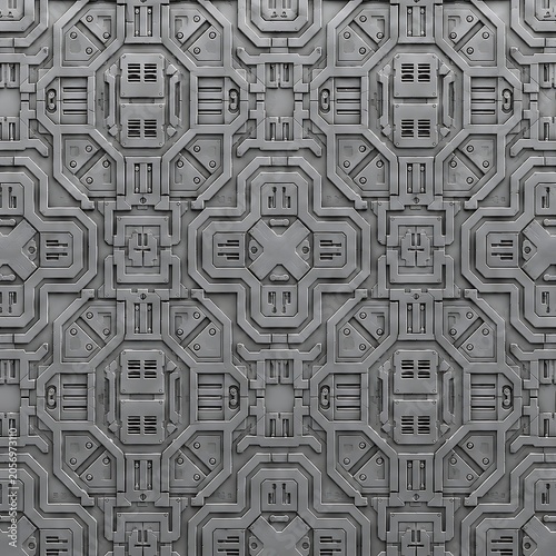 Seamless Matte Silver Sci-Fi Industrial Panel Texture Background with Futuristic Mechanical Geometry