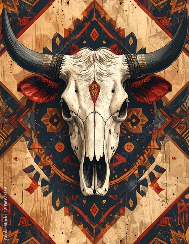 A bull skull with large horns on a geometric patterned background