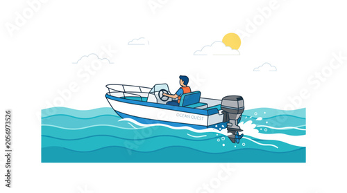 Foto Man driving a motorboat on water.