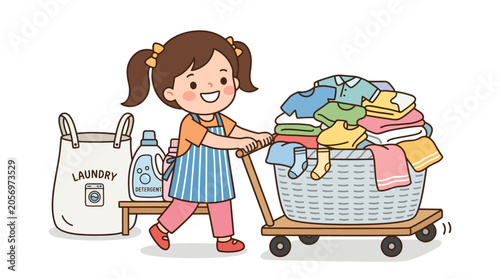 Canvas Print Little girl pushing laundry cart full.
