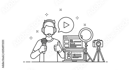Quadro su tela Man Wearing Headphones Holding Microphone.