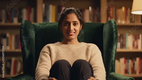 Woman in a Library Reading and Smiling, Relaxing in a Cozy Atmosphere.
