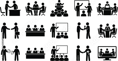 Business meeting conference presentation and corporate training stick figure pictogram silhouette icon set vector illustration