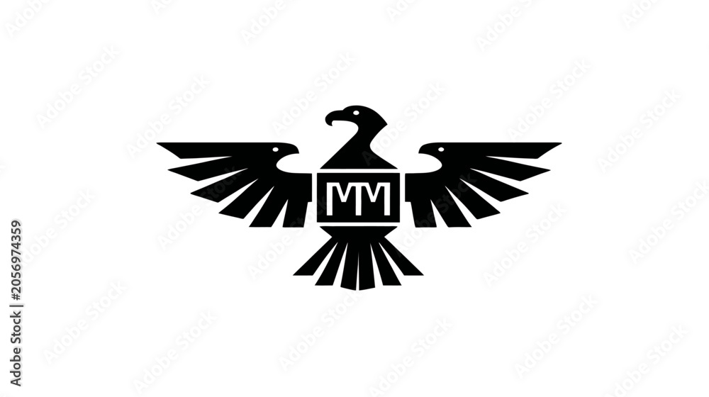 Fototapeta premium Powerful black eagle silhouette with spread wings and shield emblem. Majestic bird of prey graphic design element.