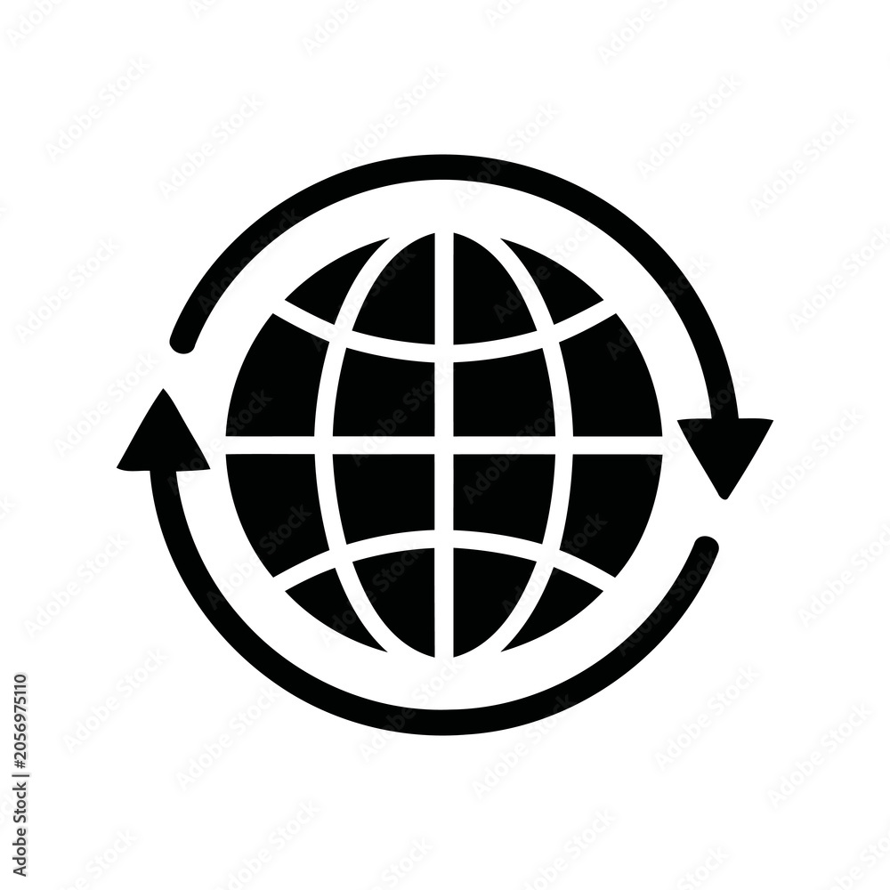 Obraz premium Black glyph vector illustration of globe with arrows representing worldwide transactions and finance.