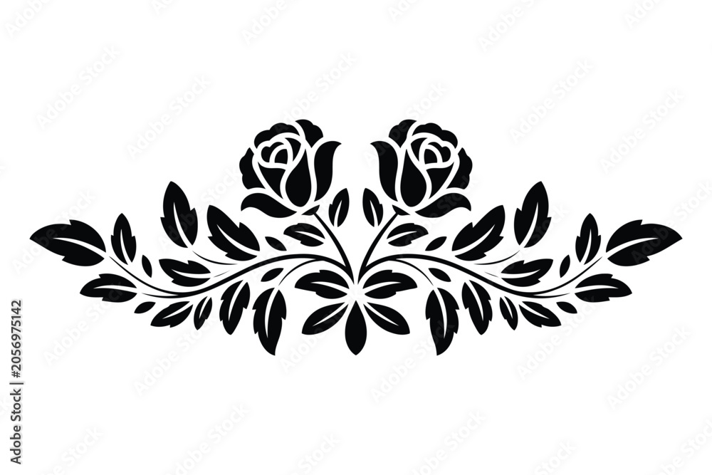 Fototapeta premium Symmetrical floral divider with two roses and lush leaves in a black silhouette style on a white background base