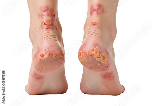 Feet with red spots and rash on skin close up