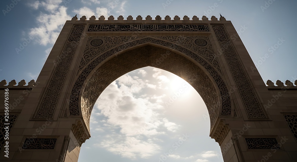 Fototapeta premium Ancient stone archway under cloudy sky.