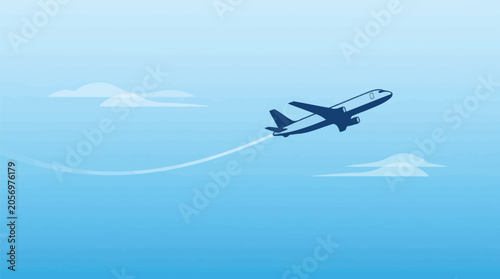 Tableau sur toile A commercial jetliner ascends into a clear blue sky with wispy clouds