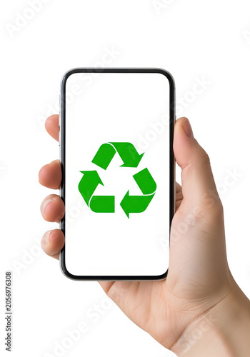 Hand holding phone with recycling symbol.