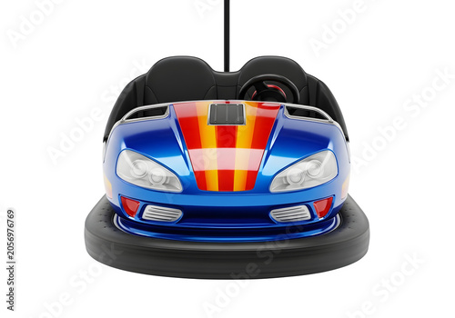 Blue bumper car with red and yellow lights at amusement park
