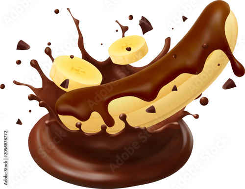 yellow banana coated in glossy dark chocolate syrup dessert packaging, confectionery, and food advertising
