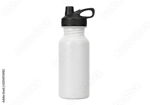 White plastic water bottle with black lid standing upright